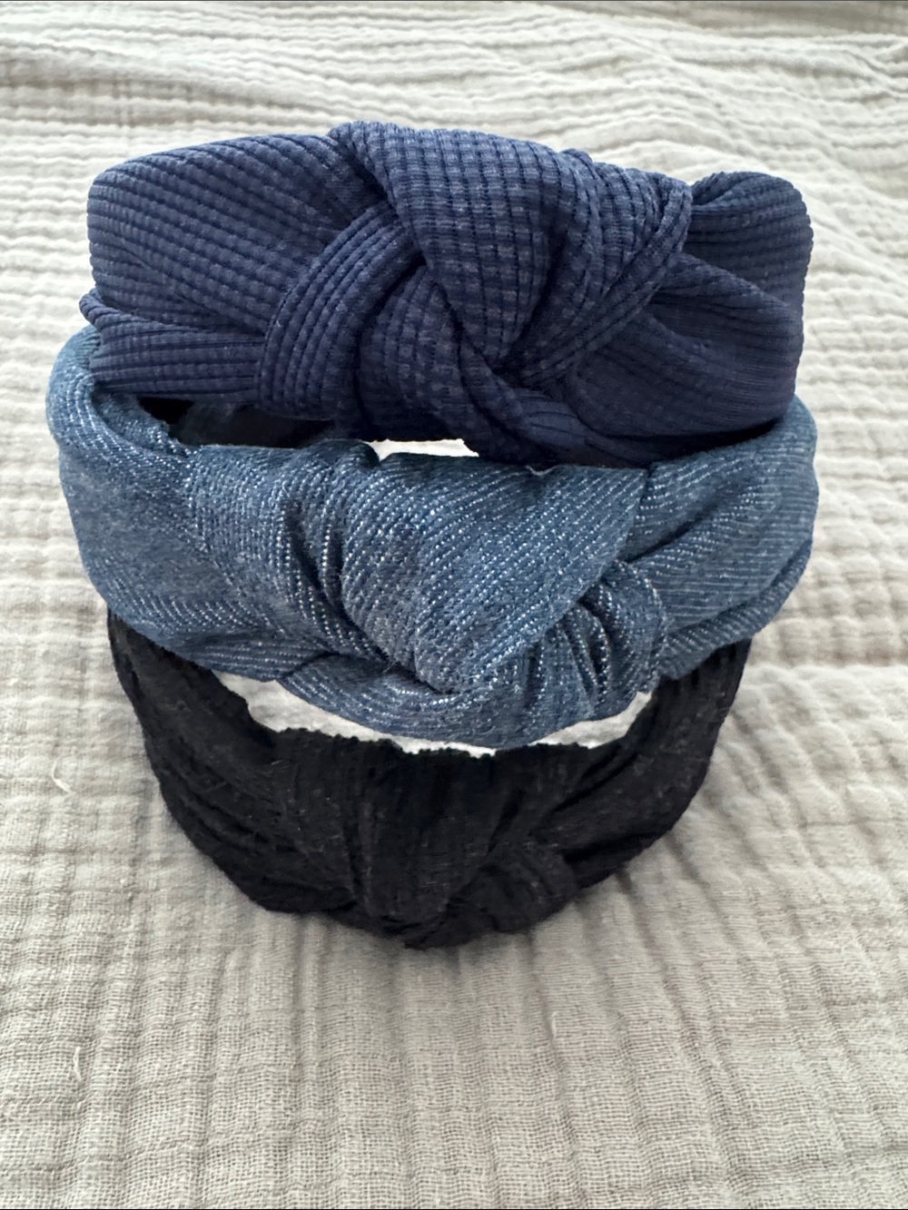 Set of 3 Knotted Fabric Headbands - Navy, Denim Blue, Black